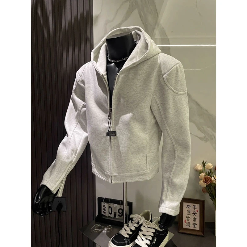 美式正肩开衫卫衣男秋季cleanfit垫肩短款外套运动机车服连帽夹克