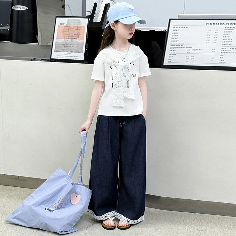 夏季女童设计感字母体恤套装时尚夏装中大童女孩薄款牛仔裤两件套