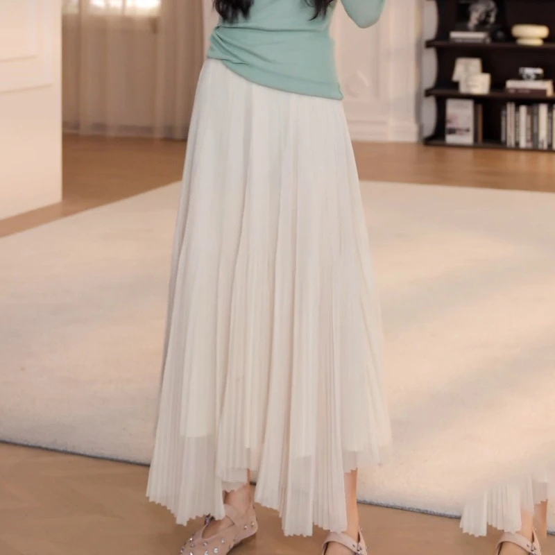 2025春夏新款中长百褶裙松紧腰A字显瘦半身裙LK2502312