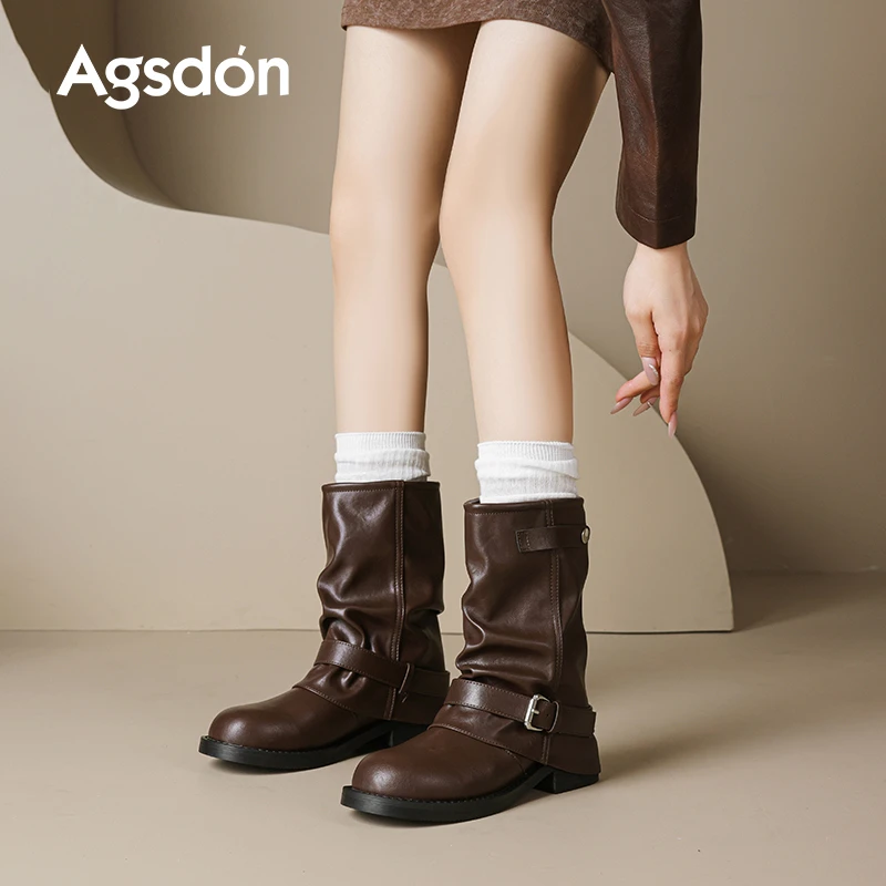 Y奥古狮登棕色马丁靴女2025新款秋季厚底中筒短靴增高西部骑士靴Y