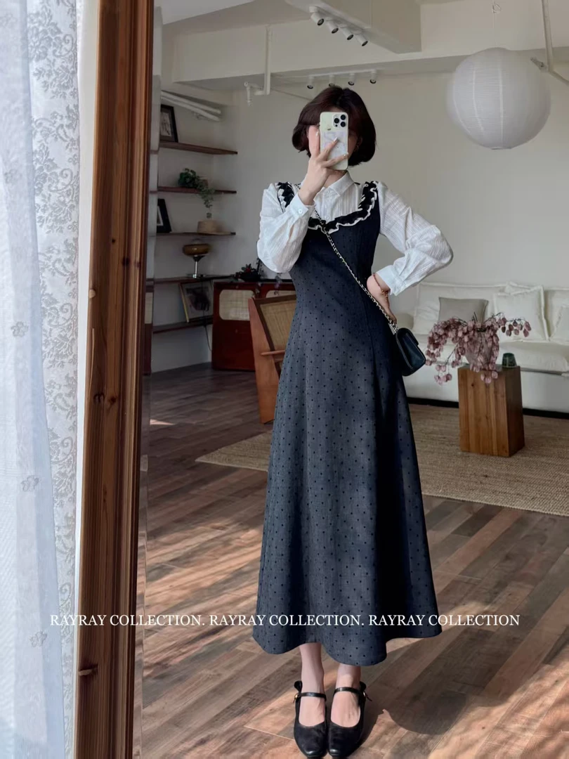 蕾英俊-白茶甜心-秋季甜飒狙击灰色TR植绒爱心假两件荷叶边连衣裙