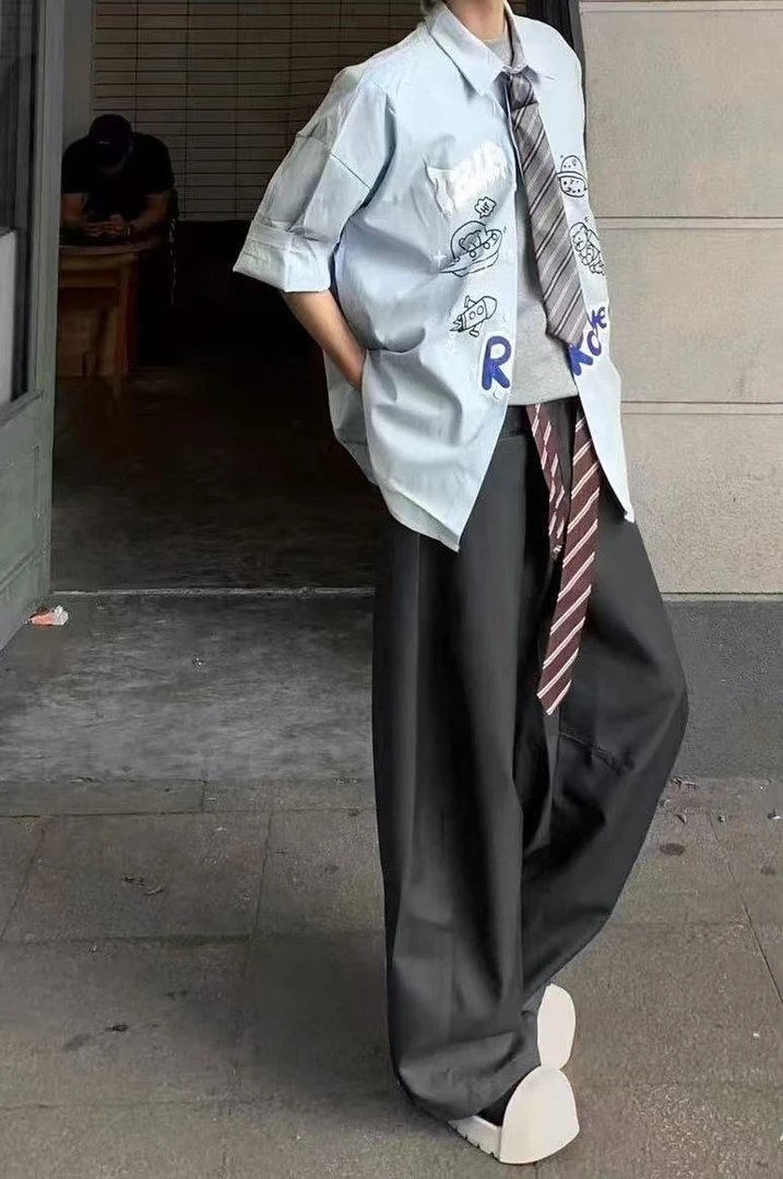 （C1-2#278）蓝色小熊发泡印花短袖衬衫