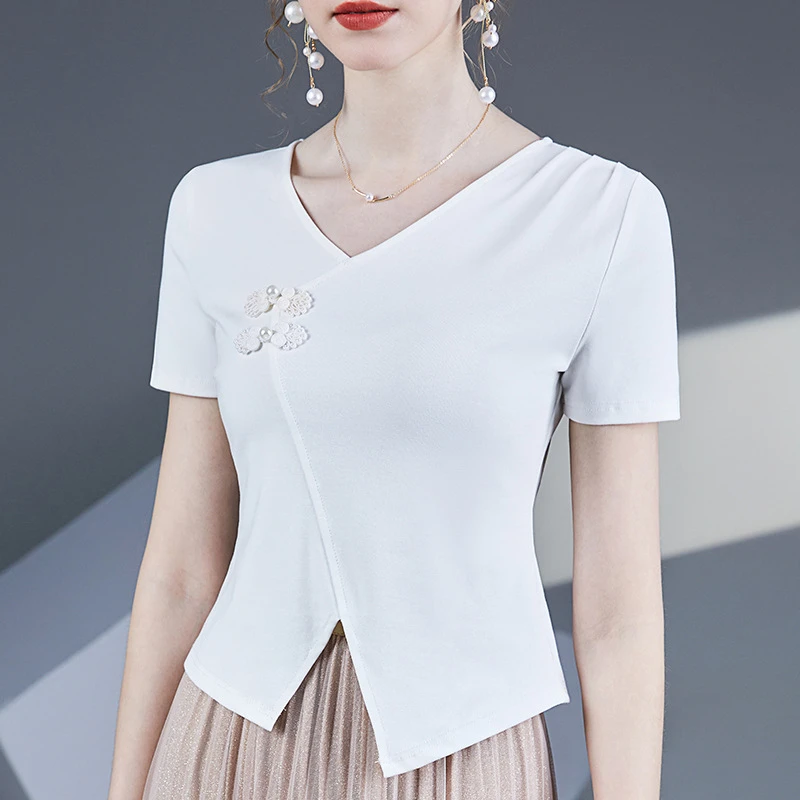 新中式斜领短袖显瘦小衫女新款设计感盘扣开叉摆短款T恤女上衣