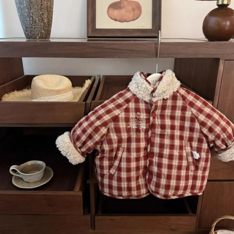 女童两面穿棉衣2025韩系女宝宝加厚保暖外套冬季新款格子立领棉衣