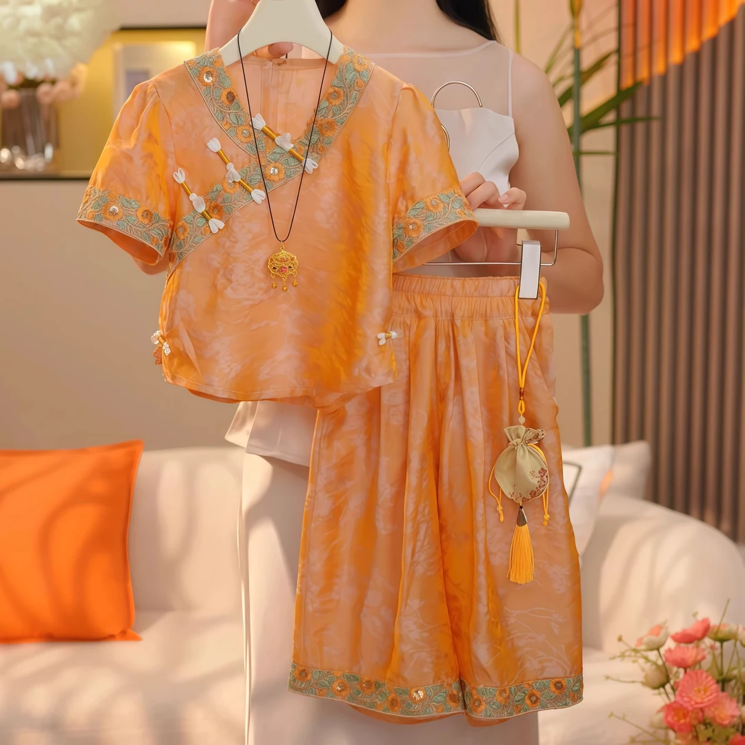 女童国风短袖阔腿裤套装2025夏季新款新中式花边提花九分裤民族风