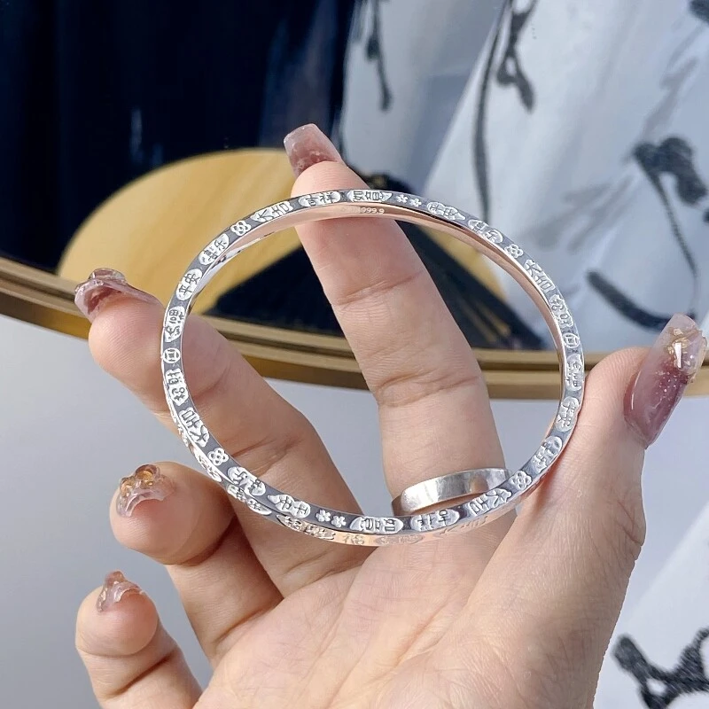 足银999.9吉言手镯方形平安福纯银手镯喜乐女开口实心