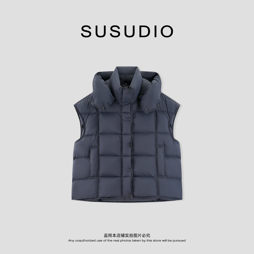 SUSUDIO 秋冬连帽宽松简约无袖坎肩白鸭绒马甲 70285