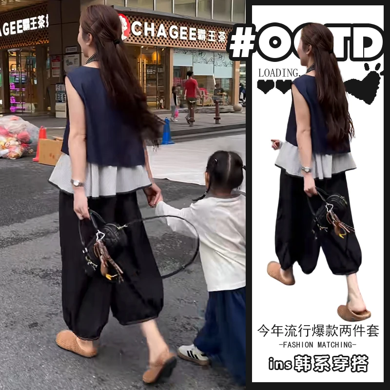 夏季气质穿搭一整套韩版时尚无袖假两件衬衫休闲阔腿裤超火两件套