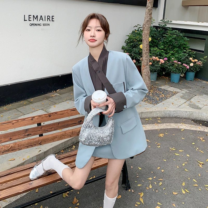 超好看撞色拼接西装套装裙女2025春季新款高级感气质半身裙两件套