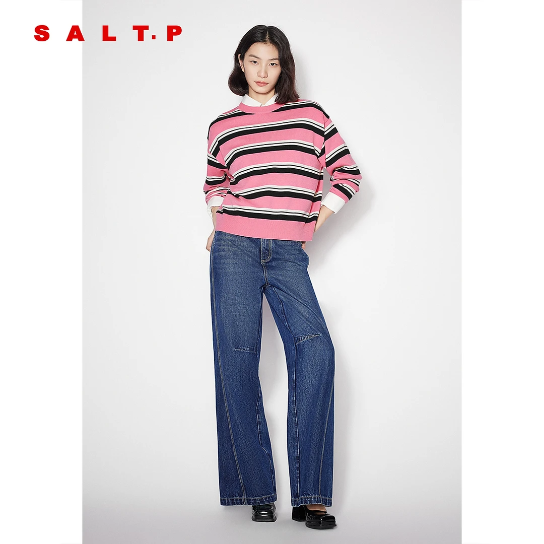 SALT.P可颜玫粉撞色条纹圆领宽松套头针织衫2025春新款