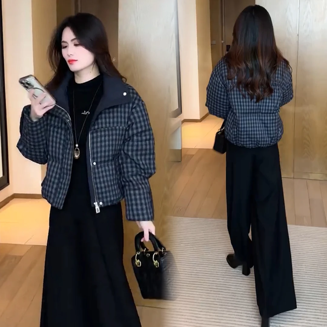 时尚洋气立领格纹棉服女2025冬季新款洋气短款加厚保暖面包服外套