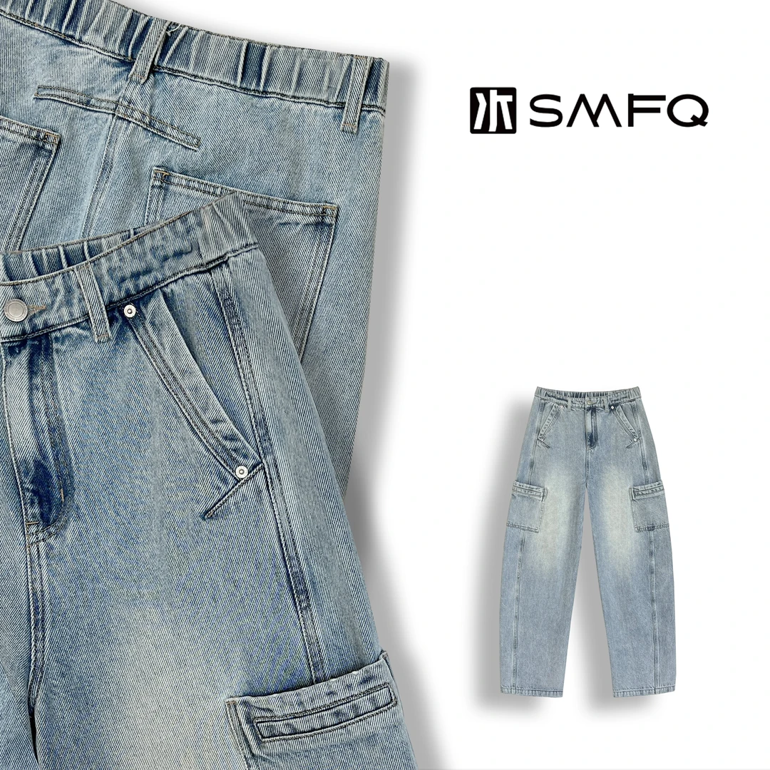 水木夫妻'写真牛仔“结构拼接怀旧洗水工装风弯刀裤长裤