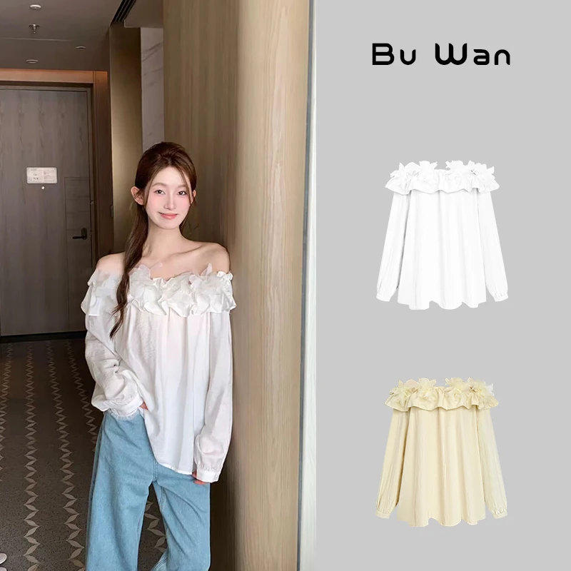 2025春夏法式度假风一字肩衬衫宽松气质花朵装饰温柔小衫上衣3419