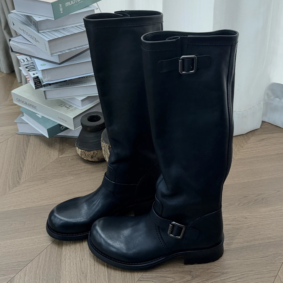 一脚蹬 时尚厚底粗跟真皮长靴 显高 拉腿长