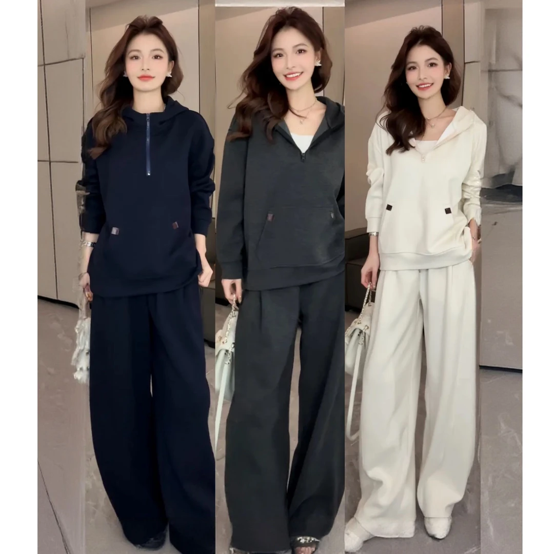 秋冬连帽卫衣老钱百搭弯刀长裤加厚两件套装