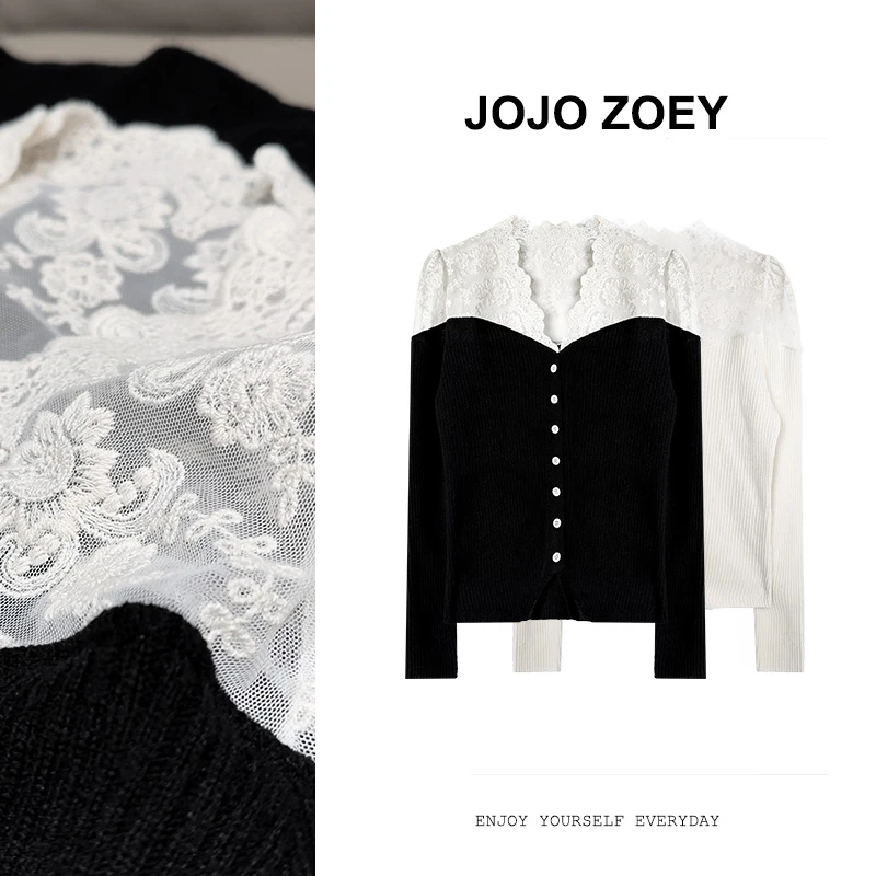 JOJO ZOEY 赫本风~法式刺绣蕾丝v领拼接针织衫女zz-3051
