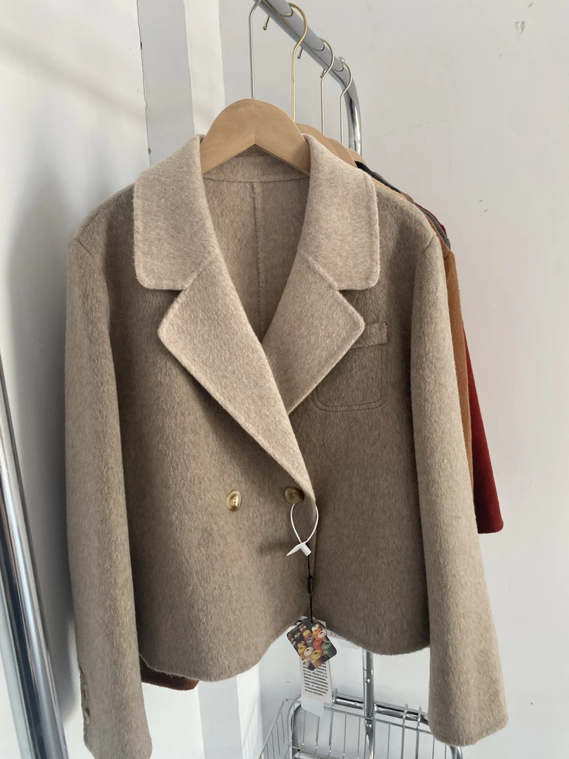 【AB面】拼色撞色双面羊毛短外套羊毛大衣气质修身经典大衣