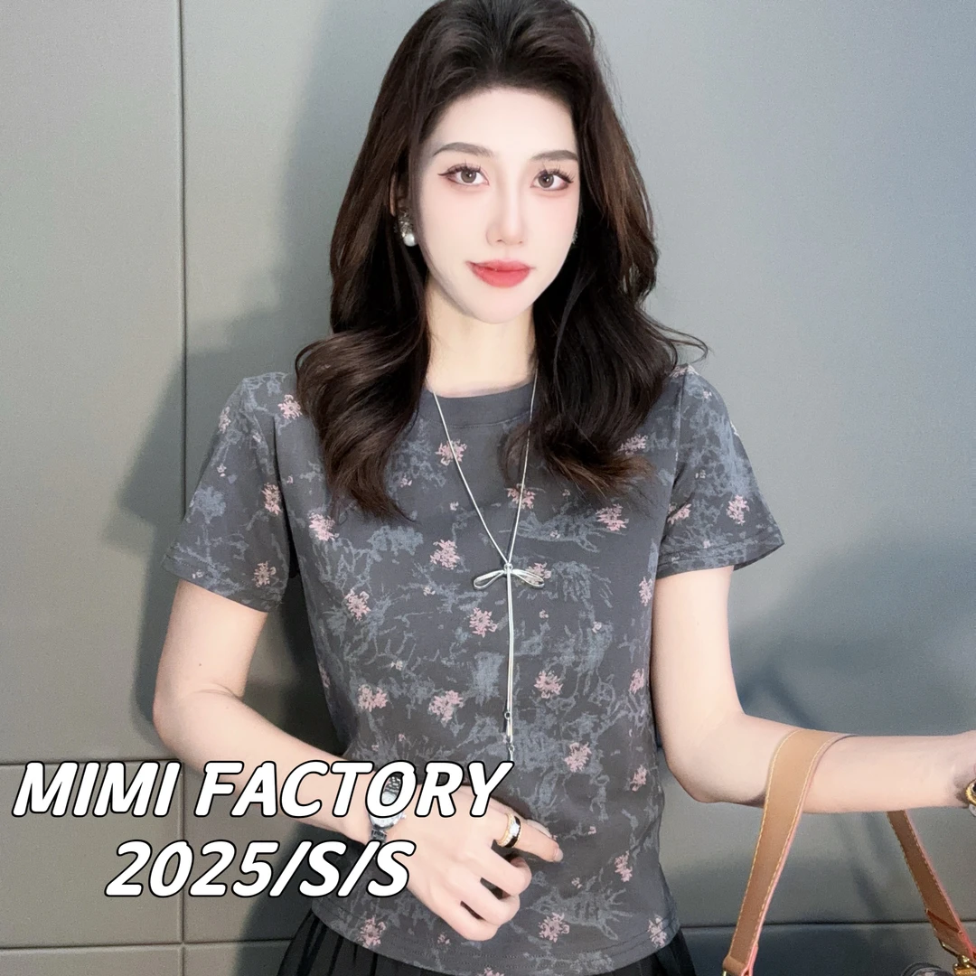 2025夏季新款 欧货满印花朵短袖T恤女修身显瘦时尚百搭4959#