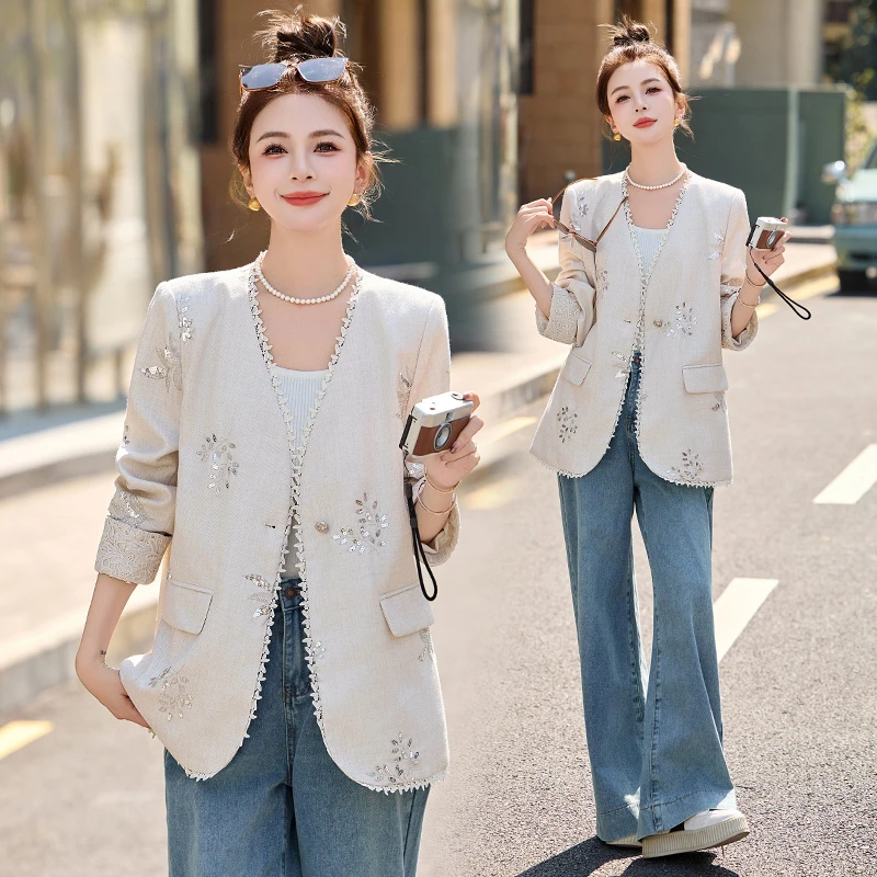 小香风西装外套女2025春装亮片刺绣高级感显瘦V领新中式西服上衣