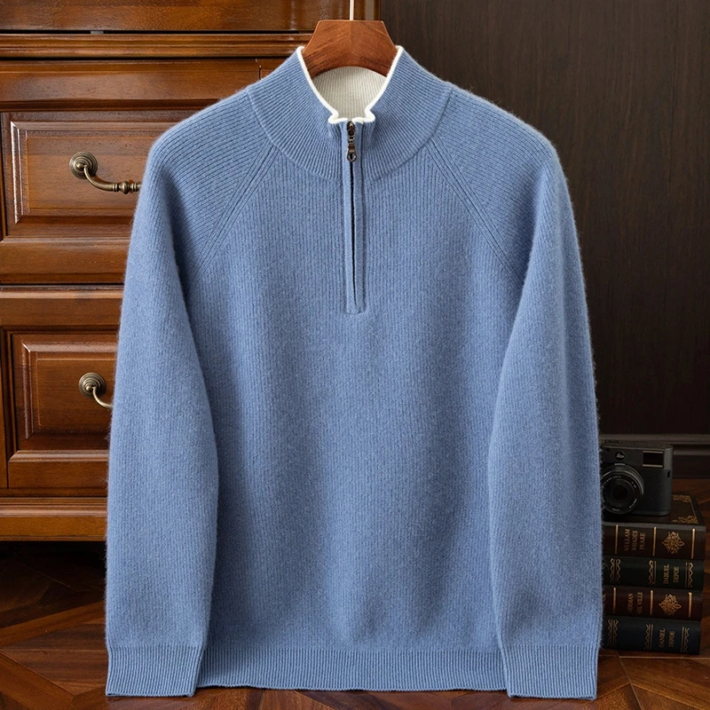 纯羊绒元宝针拉链半高领100分纯山羊绒衫撞色时尚商务针织衫