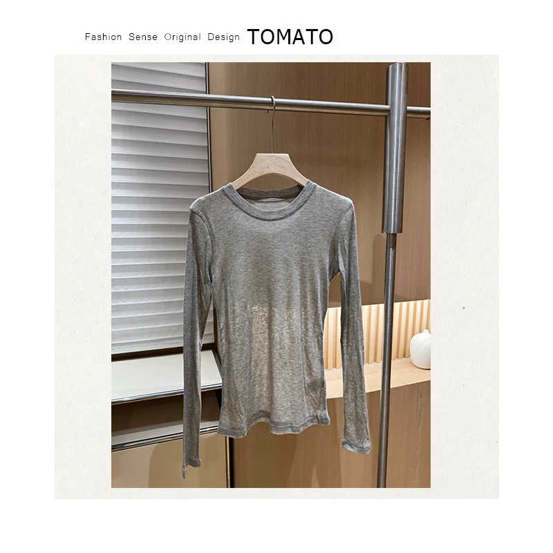 TomaTo-新款针织打底衫女修身圆领内搭长袖T恤薄款上衣C25T79239