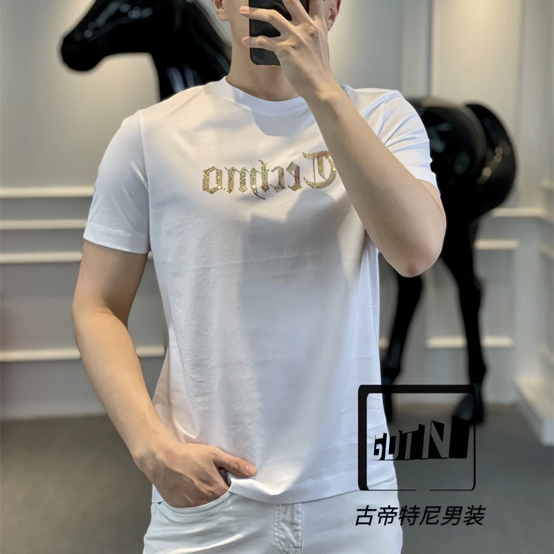 <古帝特尼>男士潮流高定欧货时尚百搭修身烫钻圆领短袖Z+5199