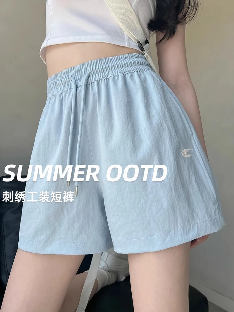 大码300斤蓝色刺绣工装裤女夏季2025新款高腰速干运动五分短裤ins