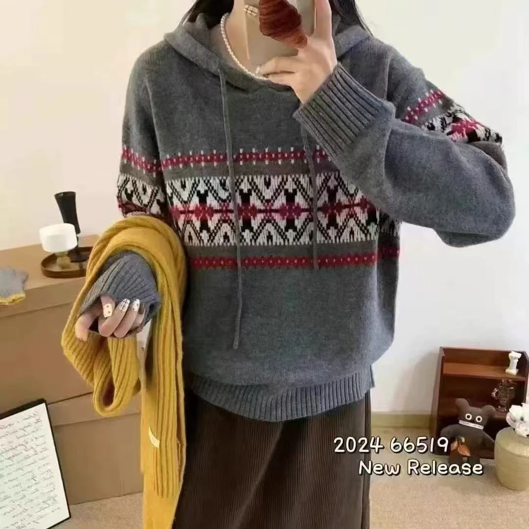 高端轻奢软糯减龄时尚套头连帽长袖7862复古提花2024冬针织毛衣女