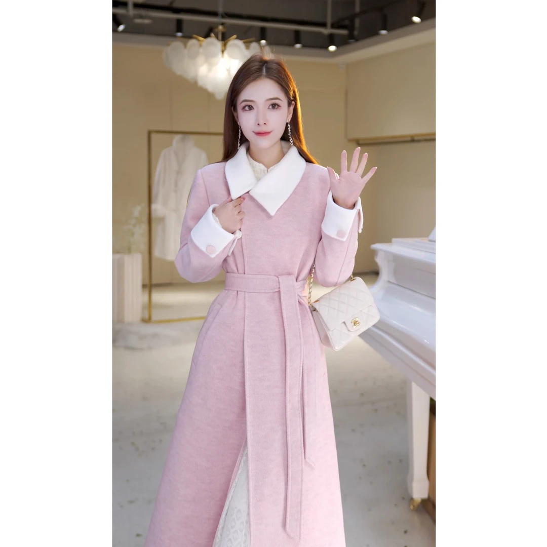 【北栀】翻领撞色设计感毛呢大衣羽绒服813414