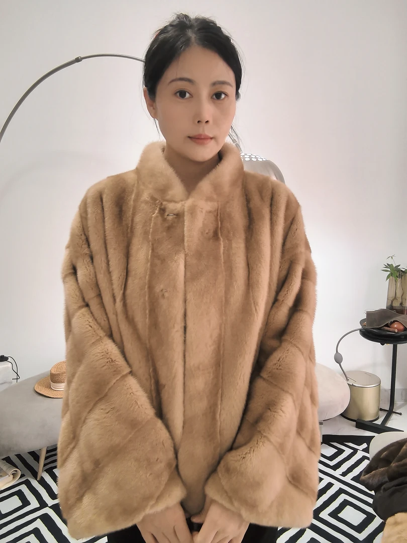 海宁水貂皮草貂毛进口直播女款外套立领2025冬季新款宽松高端显瘦