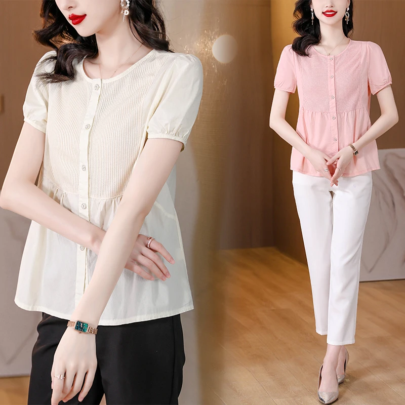 短袖衬衫女夏季2025新款设计感小众拼接雪纺衫小个子漂亮别致上衣