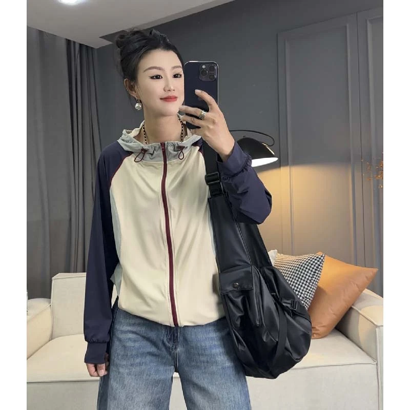 7595太谷休闲简约时尚百搭撞色夏季宽松防晒拼接连帽长袖上衣