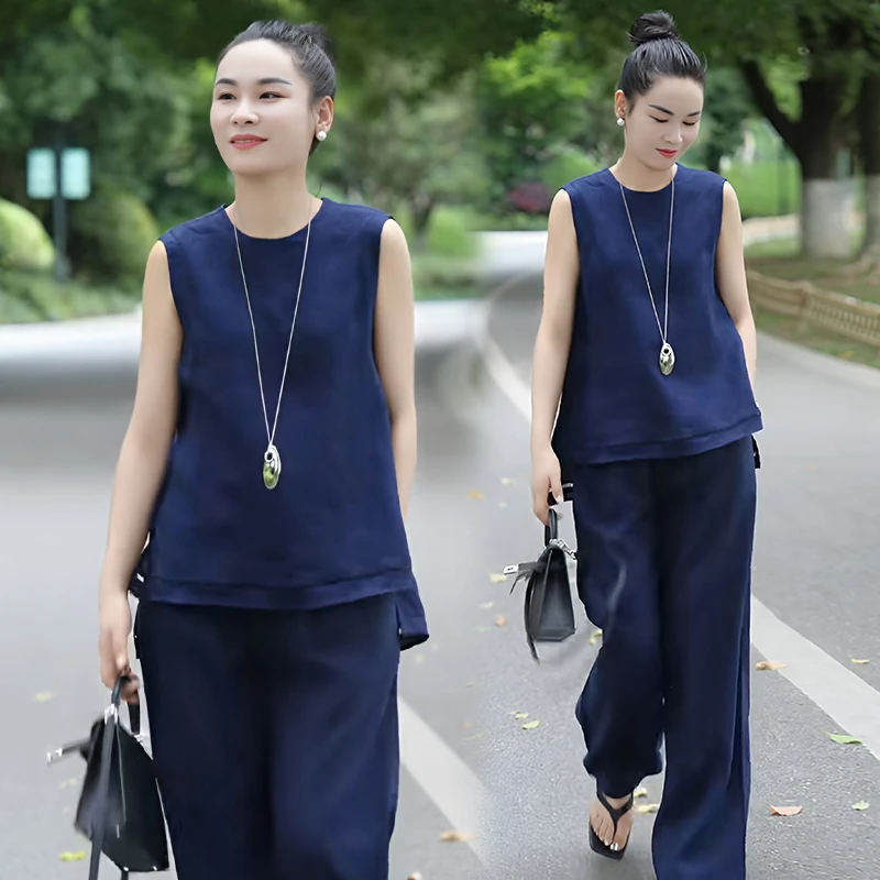 时尚休闲阔腿裤套装女夏季2025新款薄款直筒裤无袖背心上衣两件套