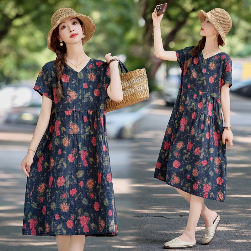 印花复古文艺V领连衣裙薄款2025夏季新款宽松显瘦休闲时尚裙子女