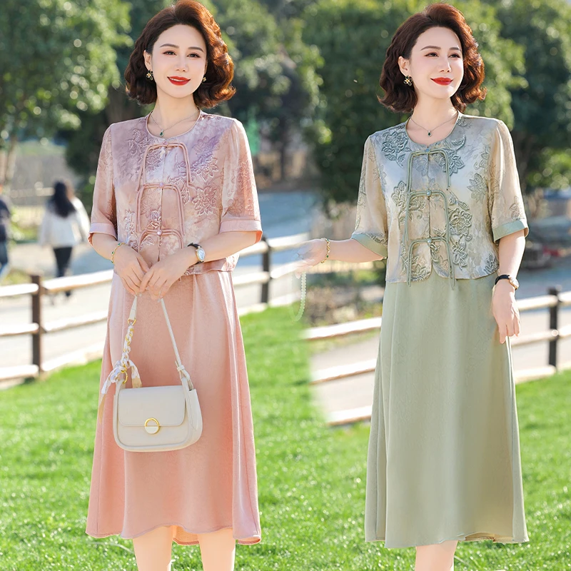 高贵中老年女装中长裙裙子中年人妈妈装夏装中国风复古洋气两件套