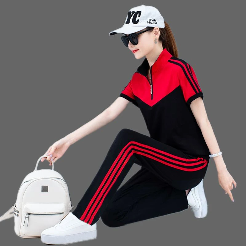 运动套装女2025春夏新款韩版宽松大码气质时尚拼接休闲跑步两件套