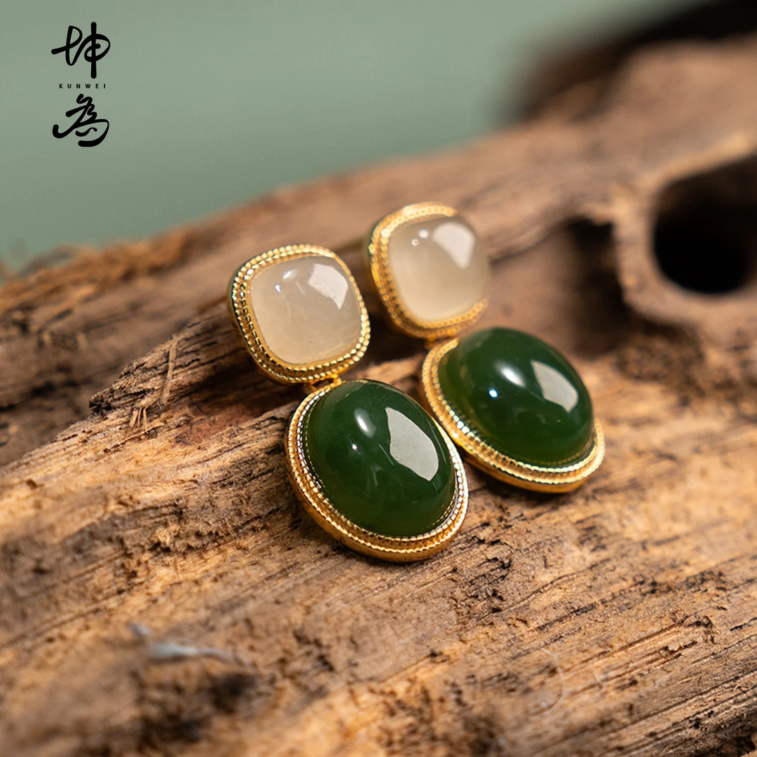 坤为 ·赋春·白玉&碧玉 耳钉·9.5*20mm