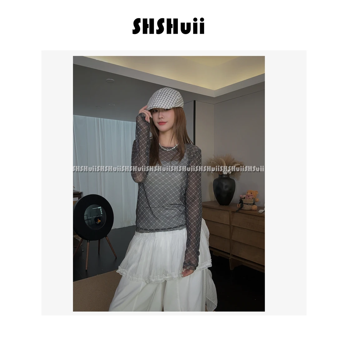 IN.SHuii【格湾】盐系修身圆领格纹打底网纱长袖T恤/JDH