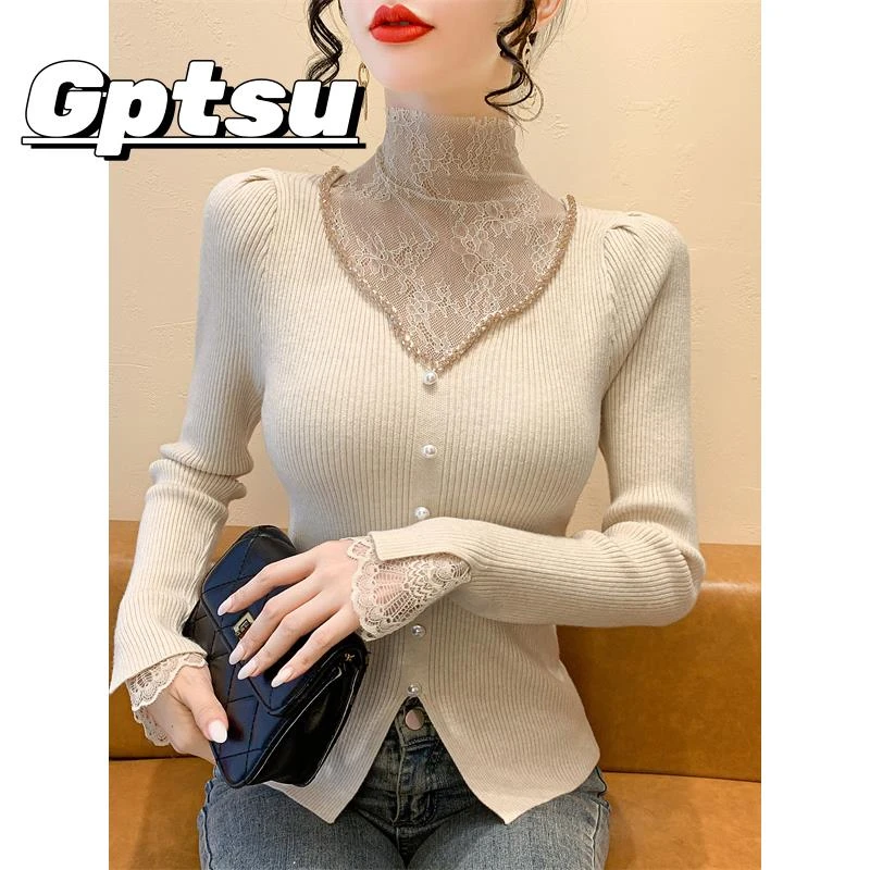 GPTSu针织洋气打底衫女士装冬季新款半高领假两件时尚毛衣上衣