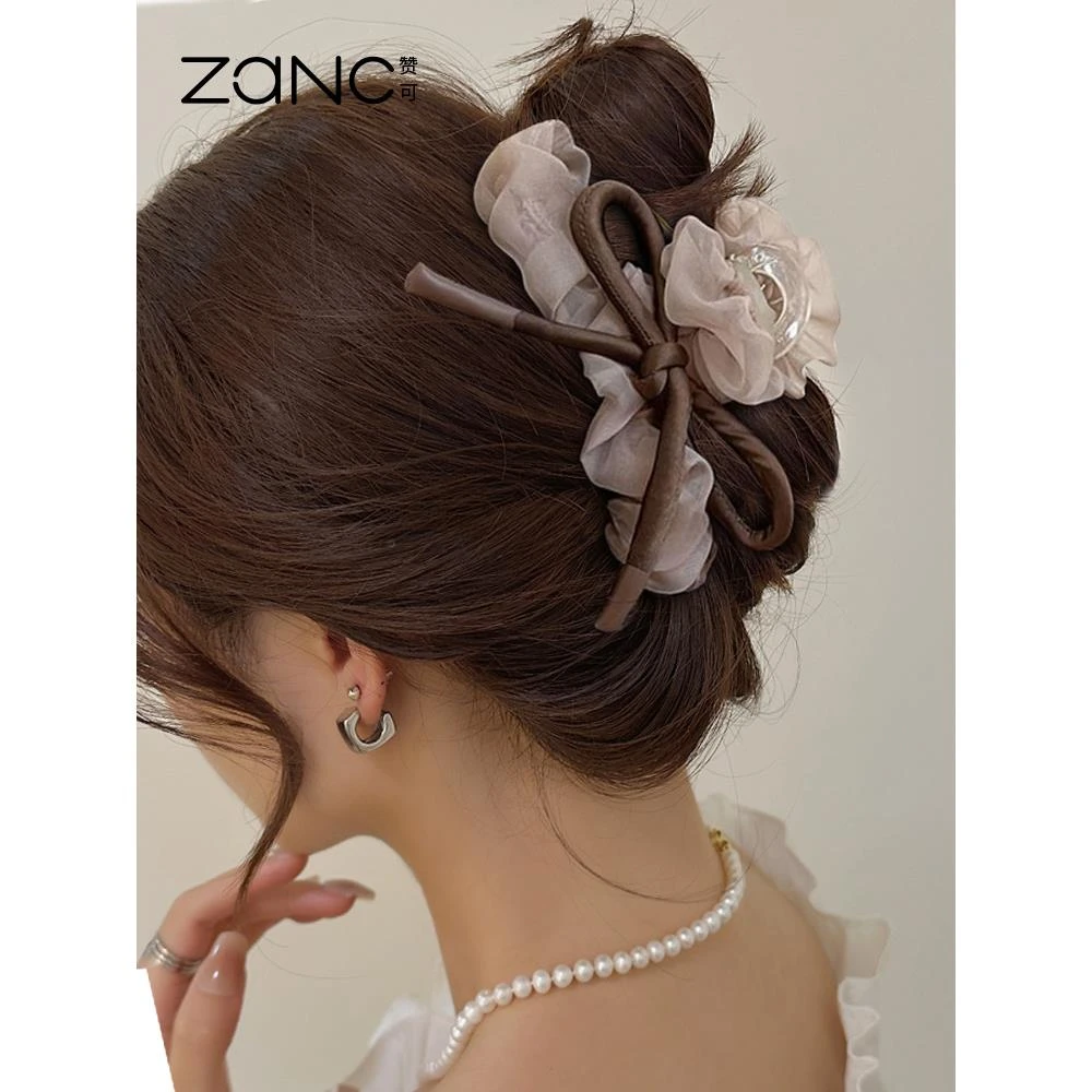 韩国高级感抓夹大号蝴蝶结网纱撞色发夹女后脑勺鲨鱼夹子头饰发卡