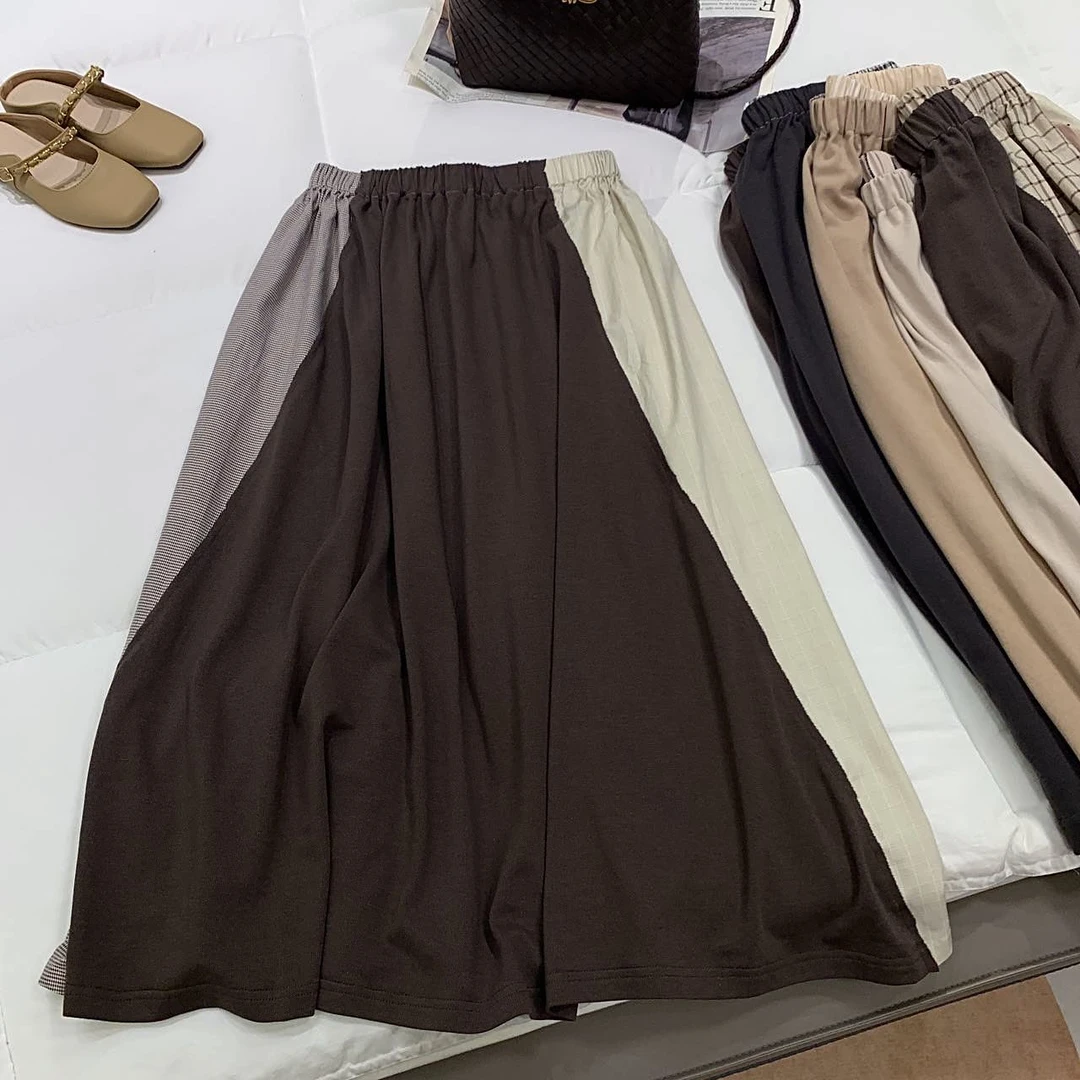 J83拼接撞色半身裙女松紧腰新款高腰a字中长裙小个子遮胯大摆伞裙