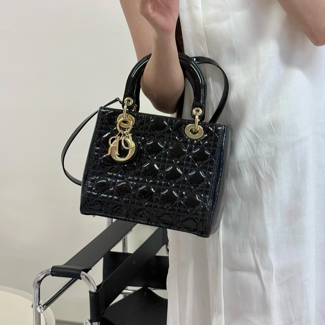 95新 DIOR/迪奥 dior 黑金漆皮五格戴妃手提单肩包K
