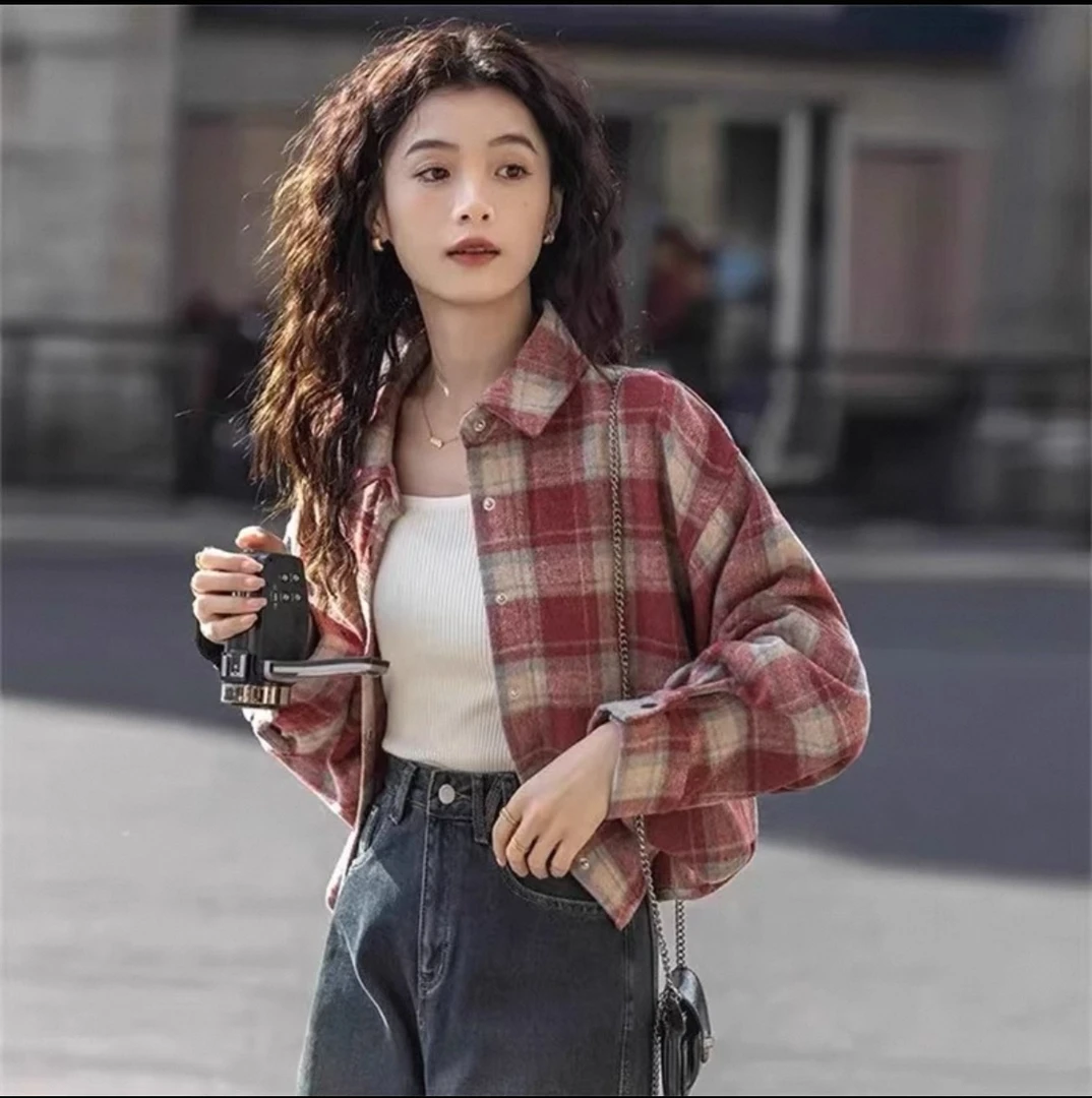 F红色格子复古磨毛衬衫春秋设计感宽松长袖上衣外套