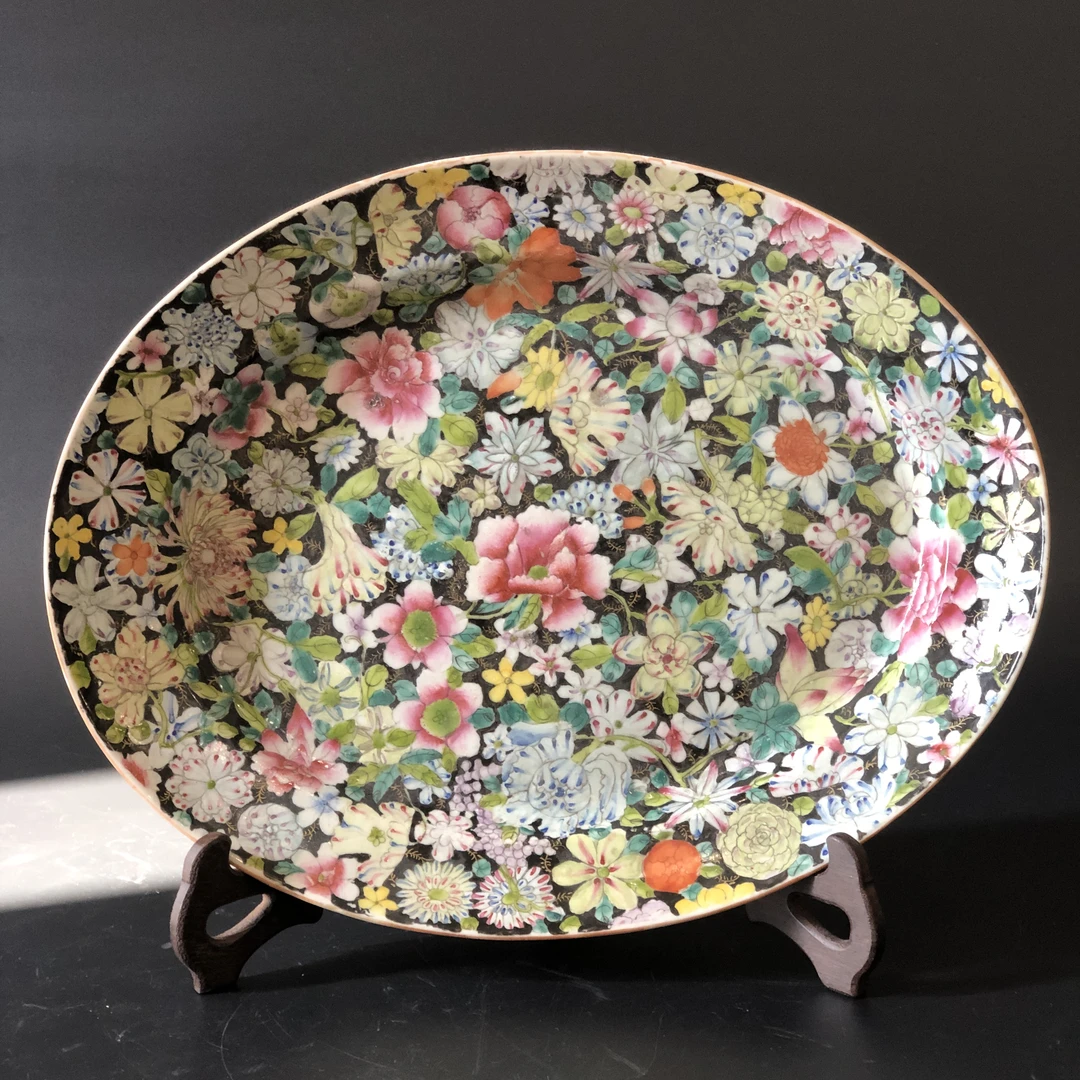 A03035 民国粉彩百花不落地折腰赏盘 长42cm