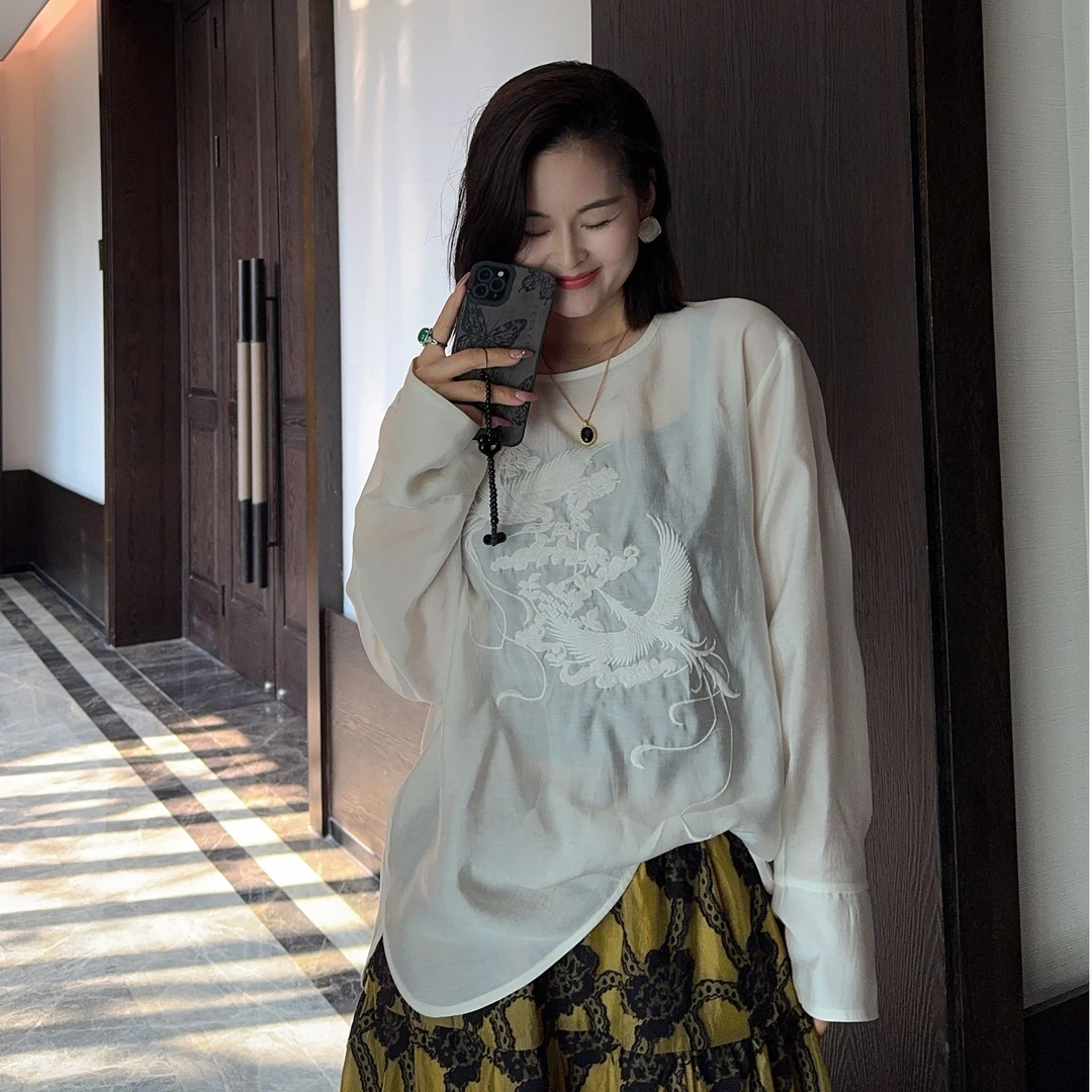 《凤凰》春夏季套头衬衣宽松重工刺绣长袖衬衣新中式