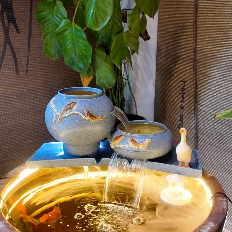 楚汉听香双喜临门古法养鱼瀑布流水造景过滤增氧陶瓷养鱼组合一体