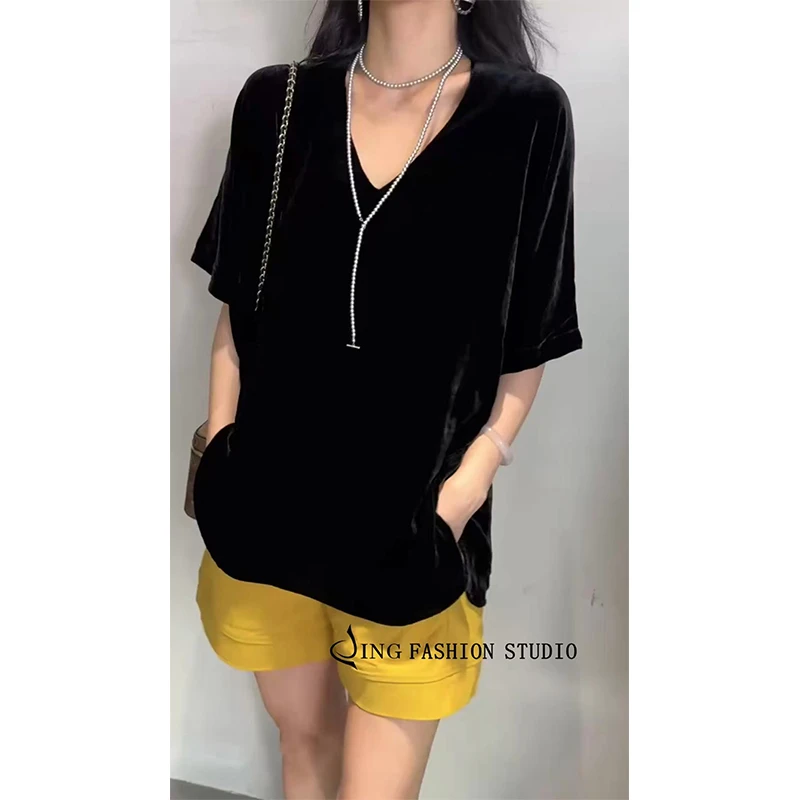 JING2025夏季新款8025丝绒V领中袖T恤女装休闲百搭上衣撞色拼接