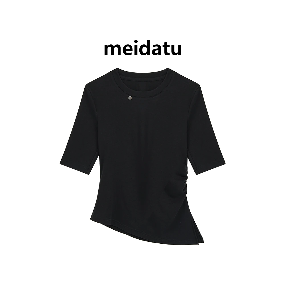 美哒兔（柔软轮廓）简约百搭圆领收褶短袖（小个子版）bk2707-9