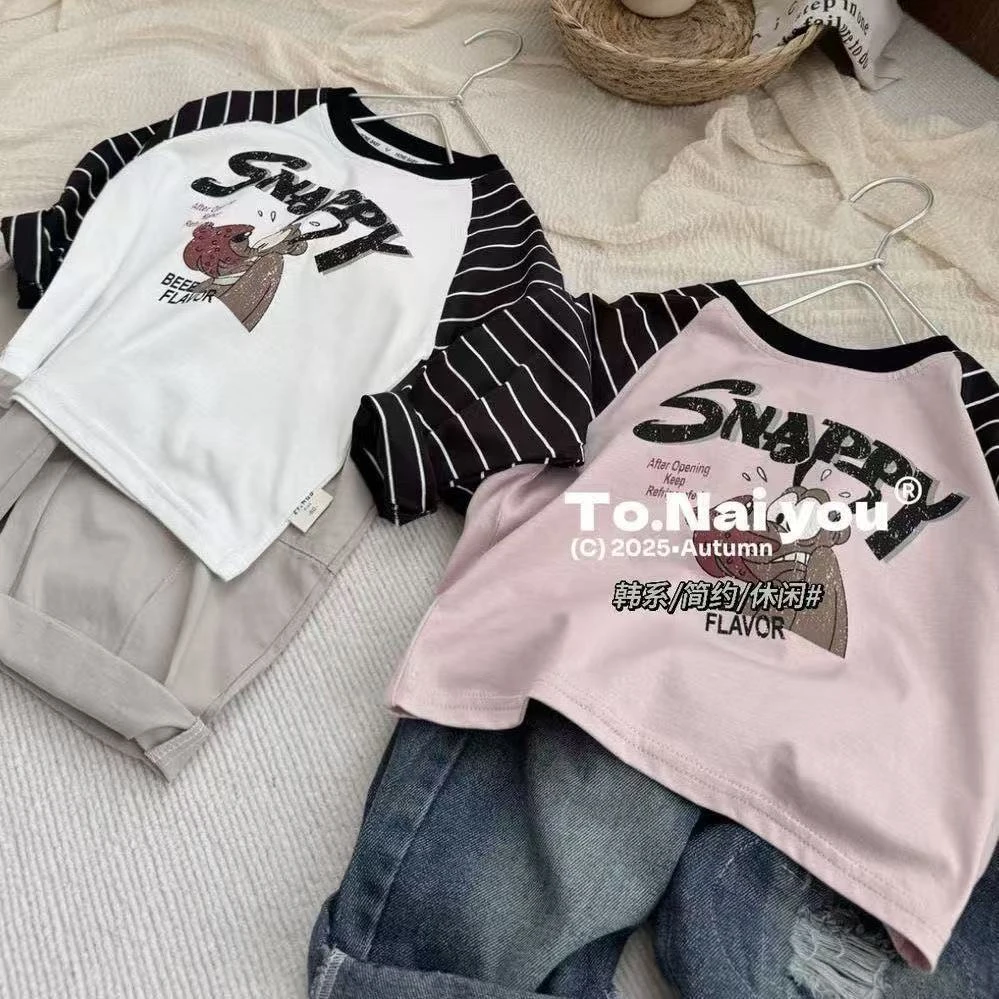 春秋新款儿童纯棉T恤长袖拼接条纹袖卡通印花休闲可爱男女童上衣