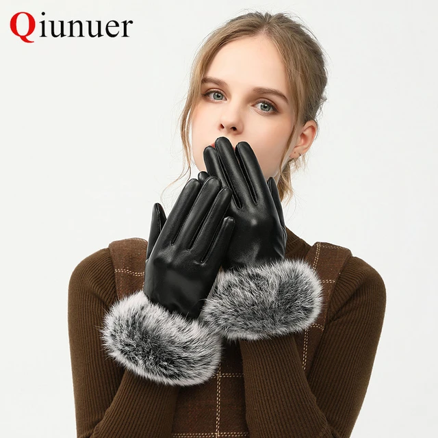 真兔毛皮手套女秋冬季保暖加绒韩版时尚骑行开车触屏防风全指手套